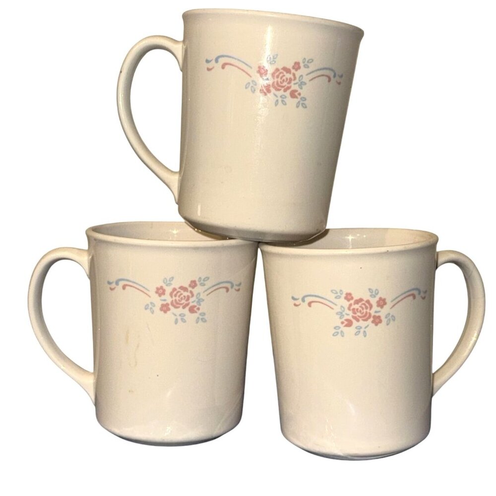 Corning USA Floral Coffee Mugs Set Of 3 - Microwave Safe 3.5" Tall White With Pi